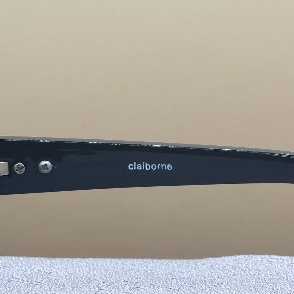 Claiborne Sunglasses Womens Black Rectangular Wrap Frame Silver Logo Detail